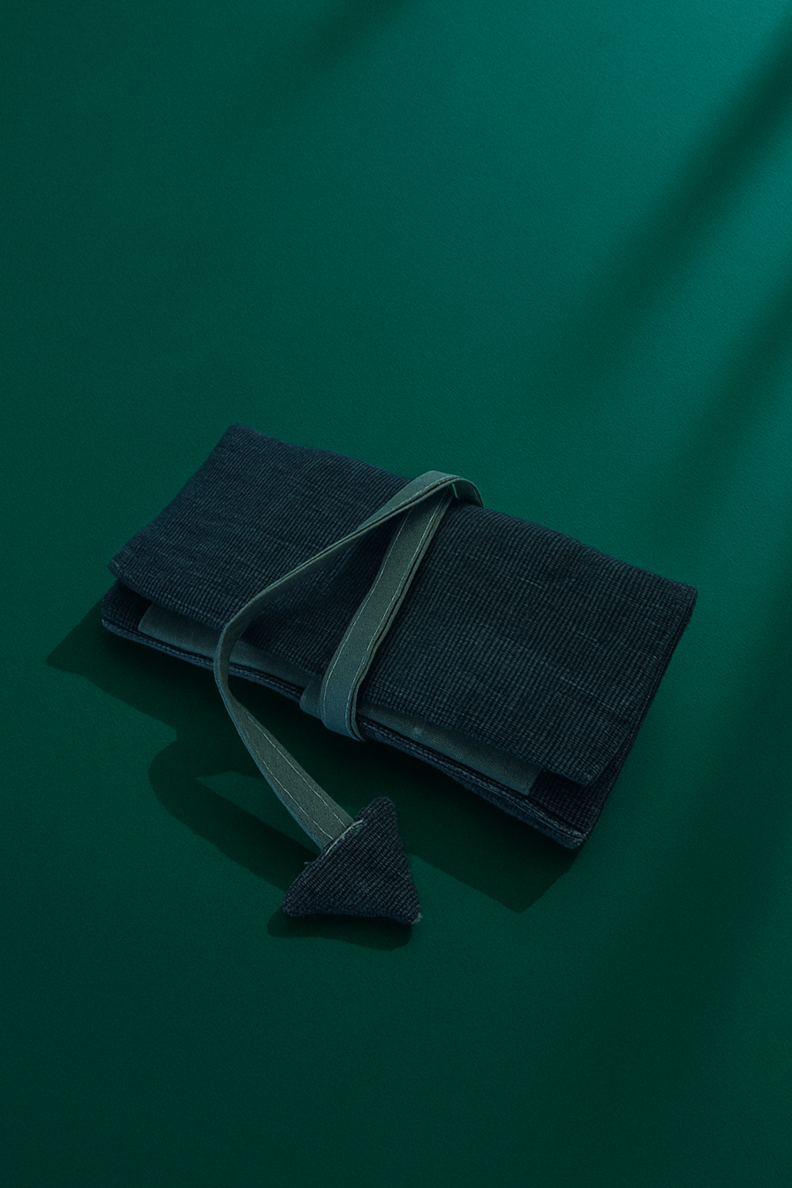 Upcycled multipurpose devil tail blue linen pouch