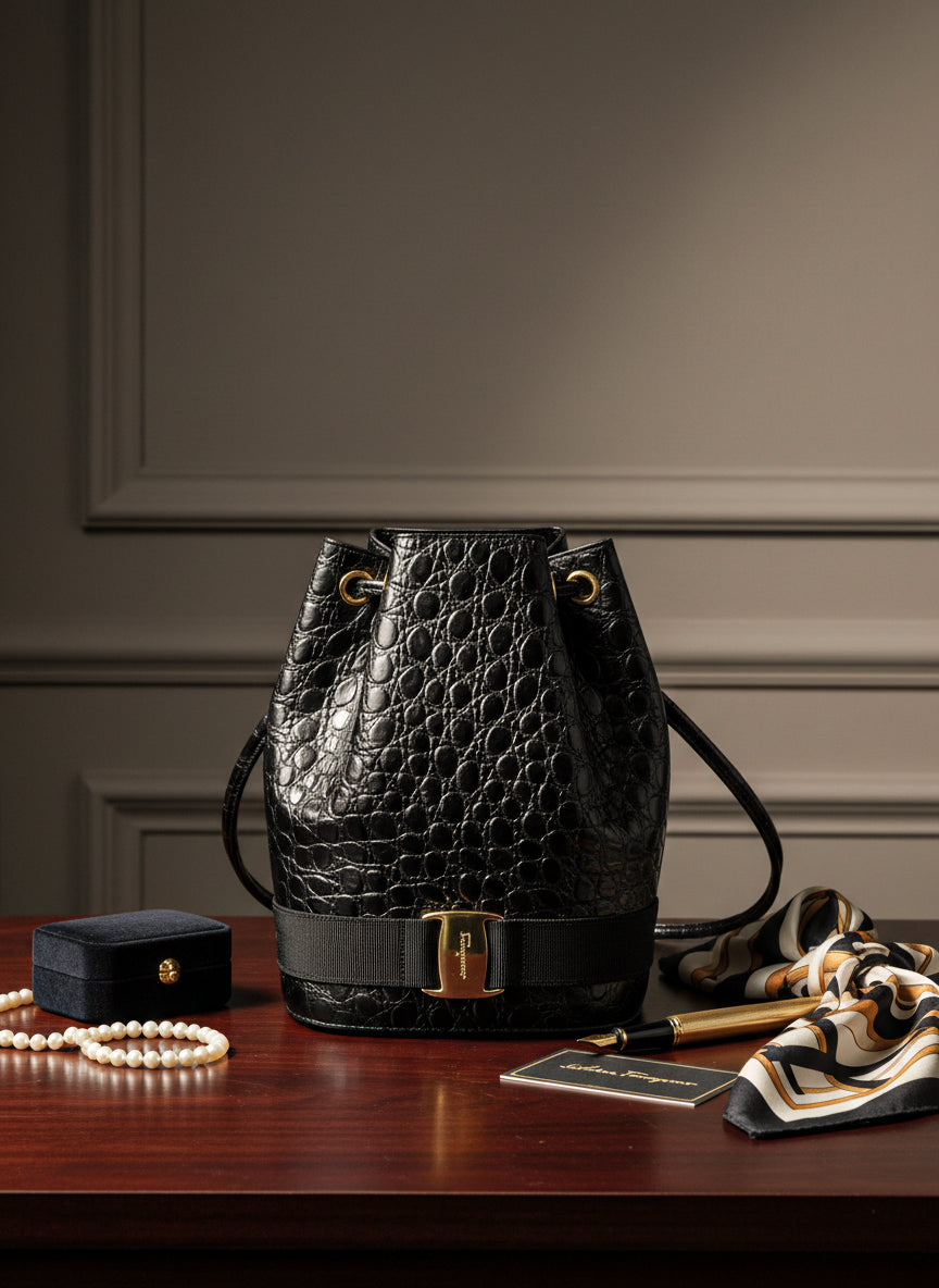 Salvatore Ferragamo Calfskin Crocodile Bucket Bag