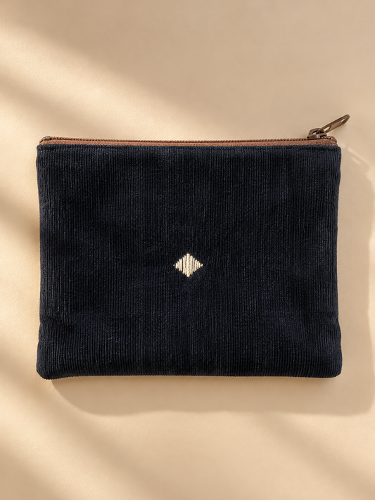 Navy ribbed side of mini purse with small cream diamond detail and top zipper
