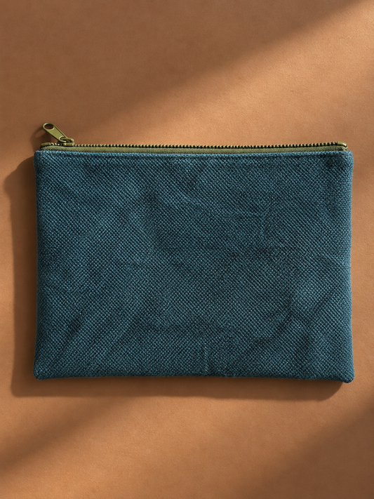 Textured teal reverse of the mega-pouch with olive zip closure