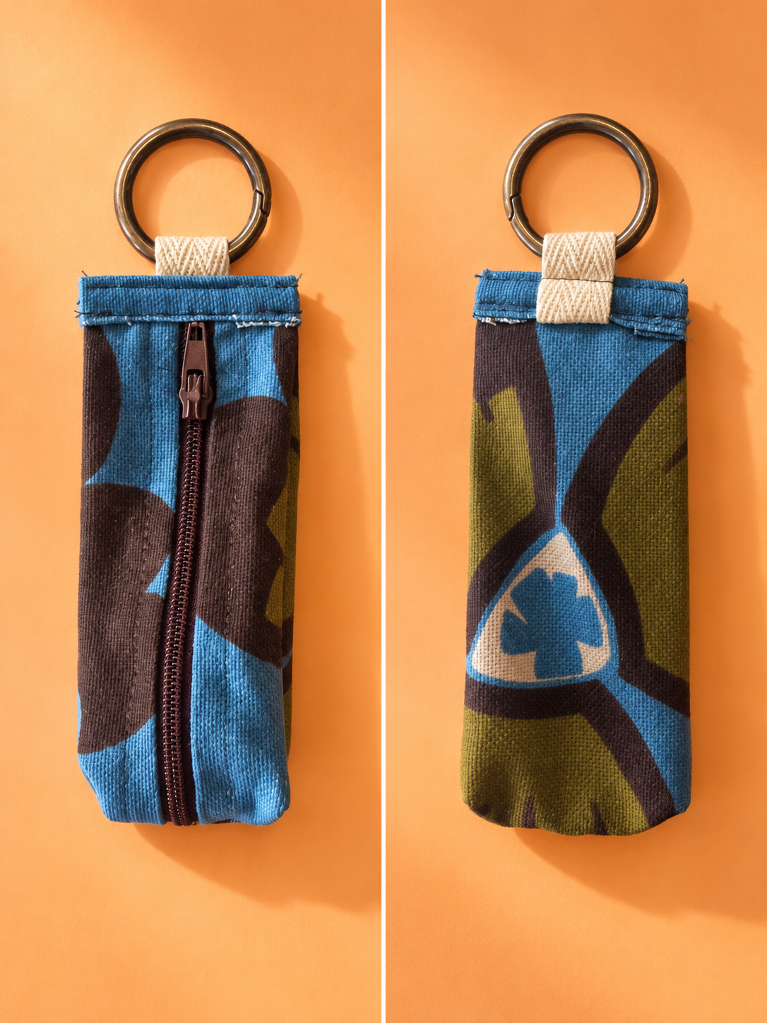 Front and back views of a blue, olive-green, and brown patterned keychain pouch with a zipper and metal key ring