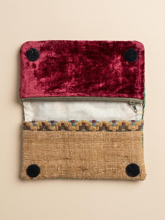 Shimmer Tweed Soft Wallet – Olive Gold & Burgundy