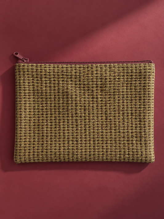 Khaki woven reverse of the mega-pouch with burgundy zip closure