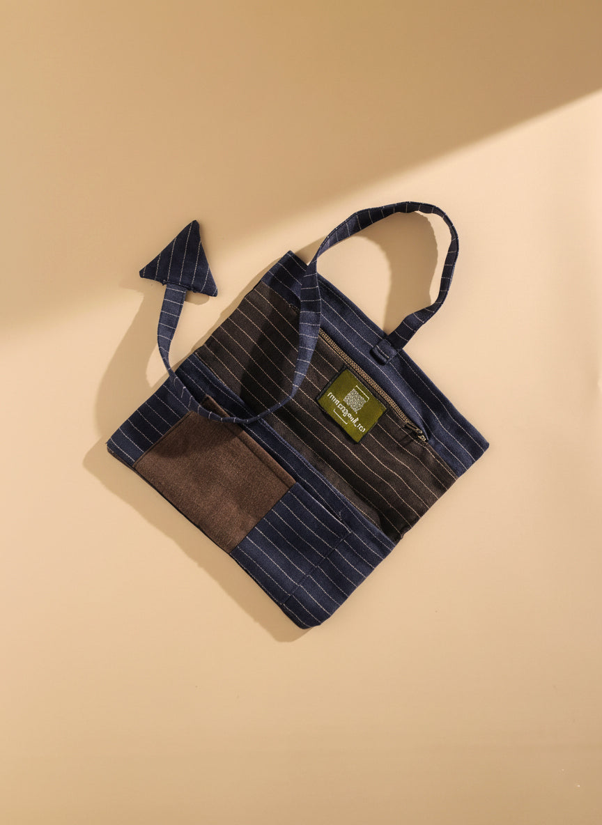 Upcycled multipurpose brown & navy blue linen devil tail pouch