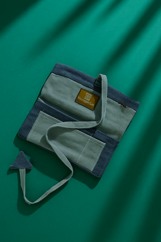 Upcycled multipurpose devil tail blue linen pouch