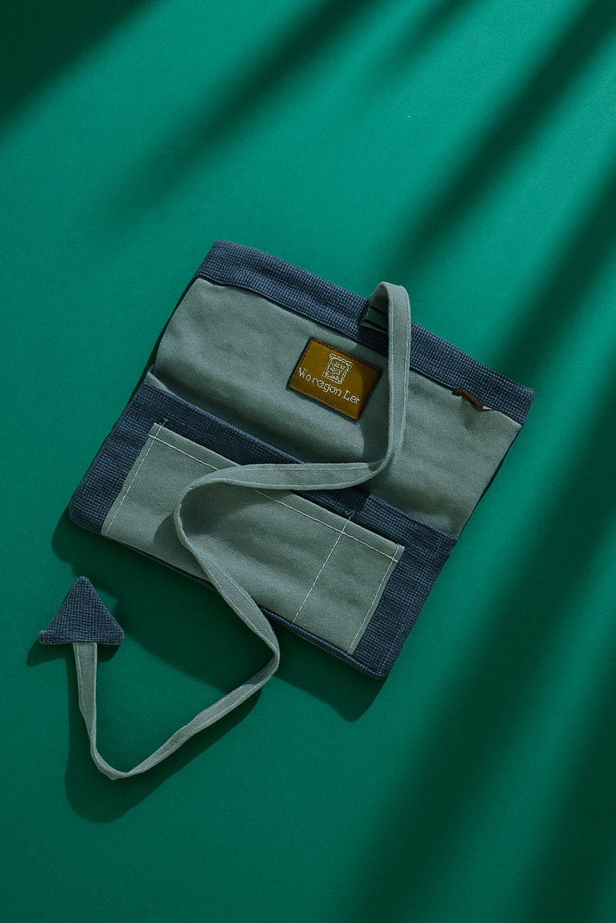 Upcycled multipurpose devil tail blue linen pouch