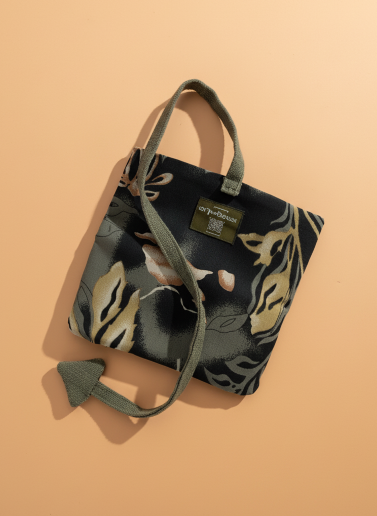 Upcycled multipurpose black floral pouch