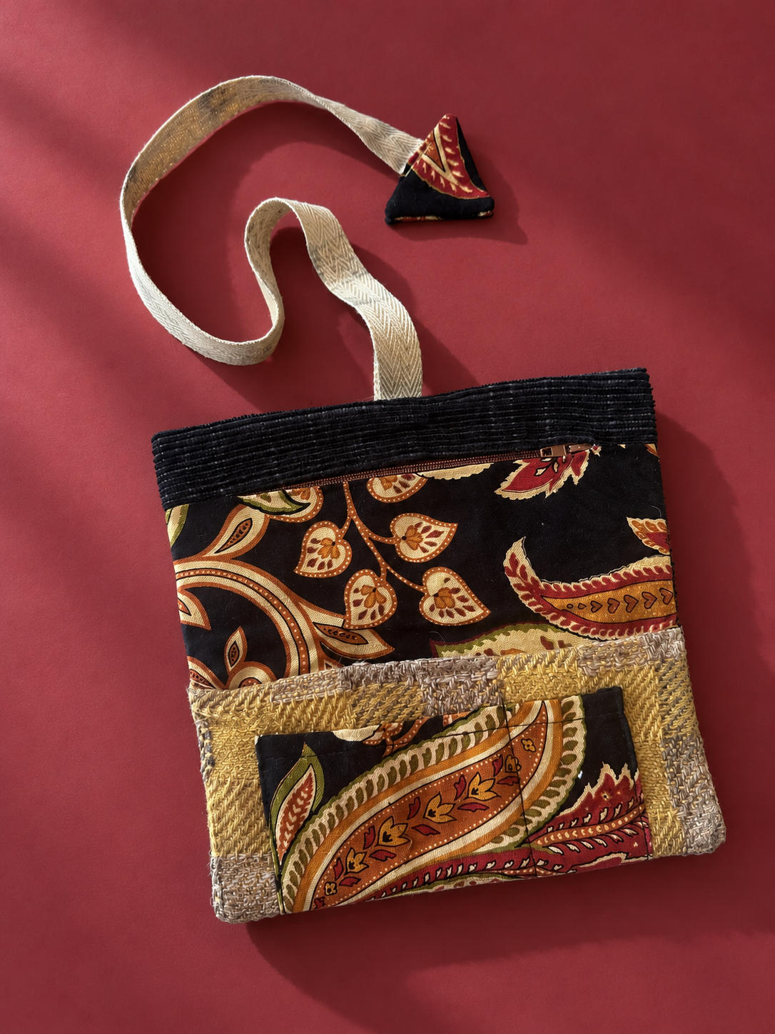 Paisley patchwork side of pouch in rust, gold and cream with textured trim and zip pocket