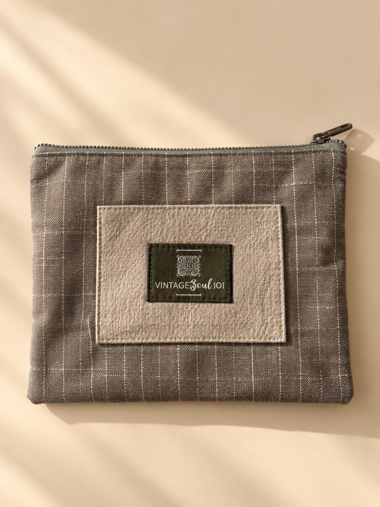 Taupe striped mini purse with cream panel, olive Vintagesoul 101 label, and top zipper