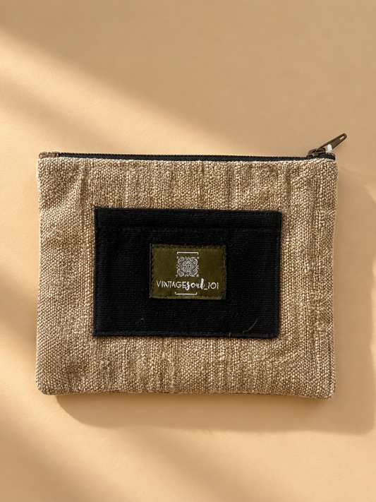 Natural beige woven mini purse with dark ribbed panel and Vintagesoul 101 label