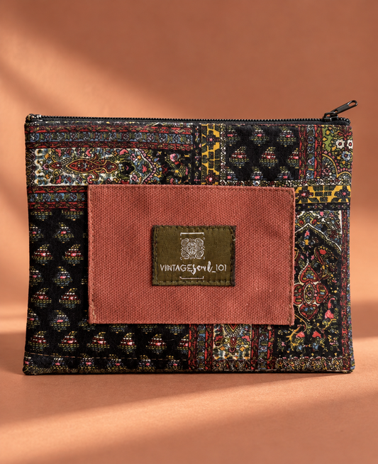 Patterned mini purse with paisley and geometric motifs, terracotta panel, and Vintagesoul 101 label