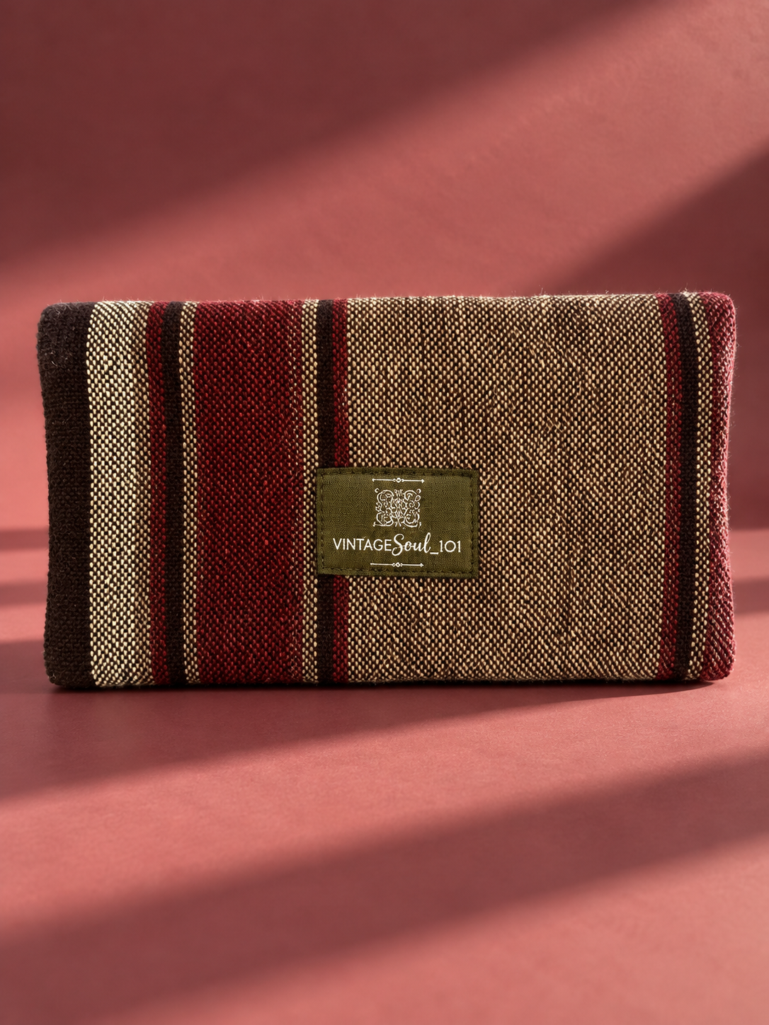 Burgundy, beige and dark brown striped woven Mega-Pouch with Vintagesoul 101 label
