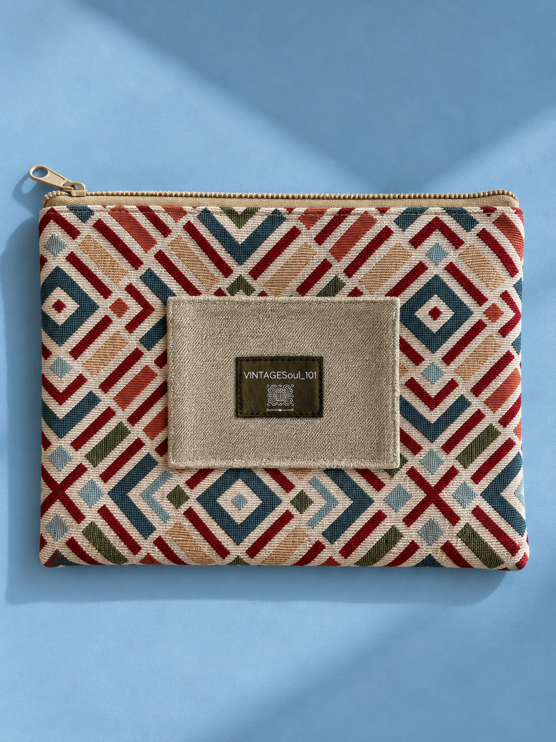 Multicolor geometric tapestry mega-pouch with beige patch and Vintagesoul 101 label