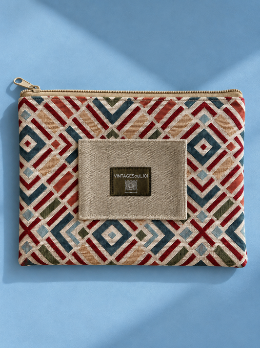 Multicolor geometric tapestry mega-pouch with beige patch and Vintagesoul 101 label