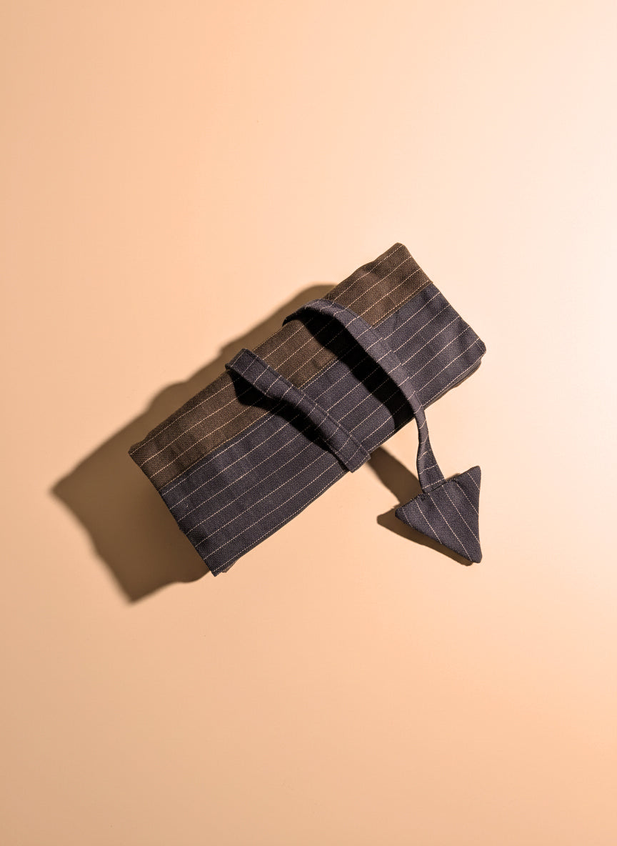 Upcycled multipurpose brown & navy blue linen devil tail pouch